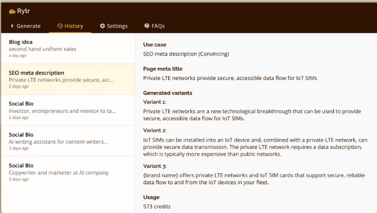 Rytr dashboard screenshot