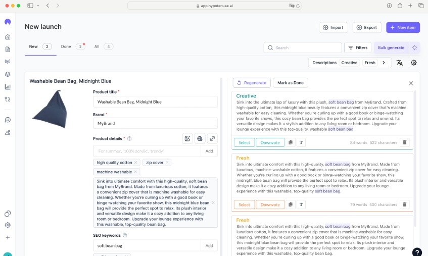 Hypotenuse AI dashboard screenshot