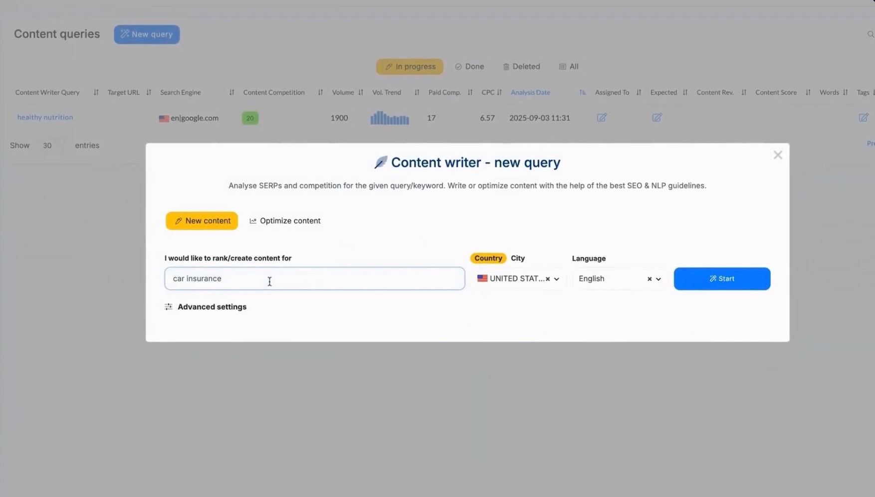 NEURONwriter Dashboard