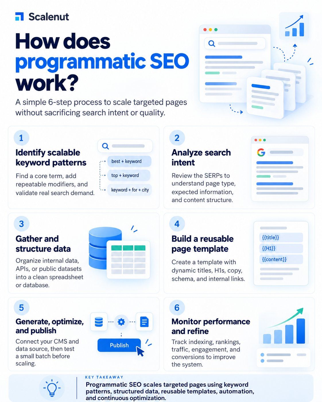 An infographic explaining How does programmatic SEO work.
