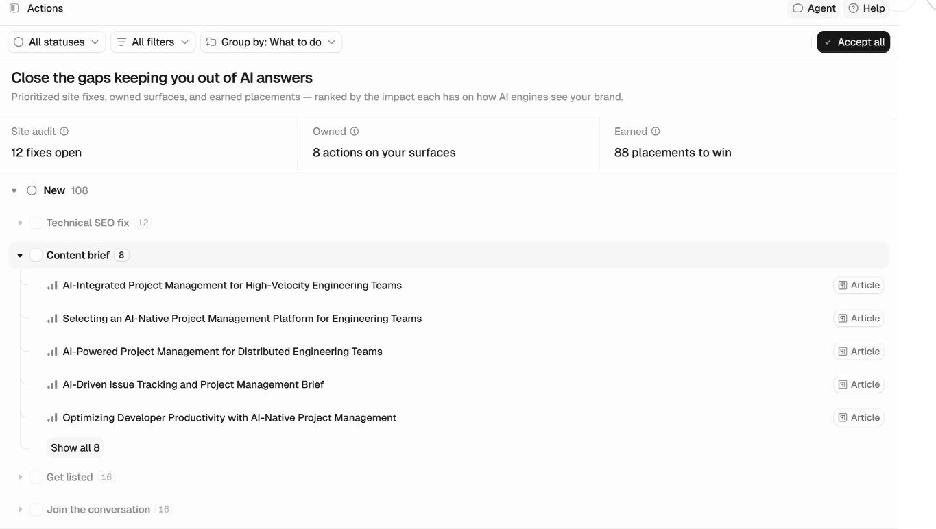 Screenshot of Peec AI actions dashboard