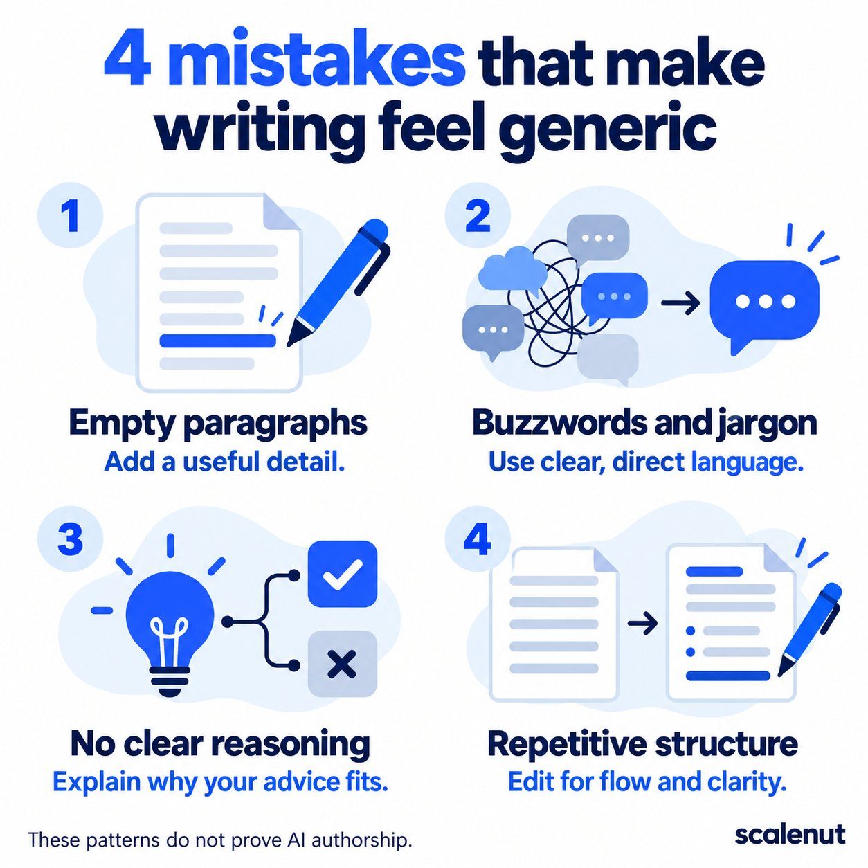 An infographic on What are common mistakes that make AI writing easier to detect, and how to fix them.