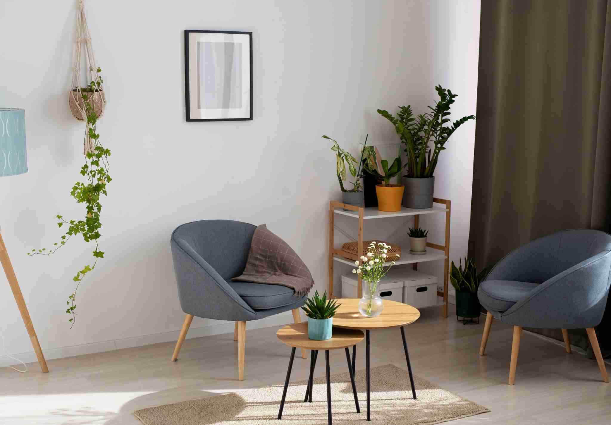 Moderní obývací pokoj po home stagingu – světlý interiér s rostlinami a útulným posezením