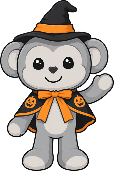 Wally the monkey dressed as a witch, waving