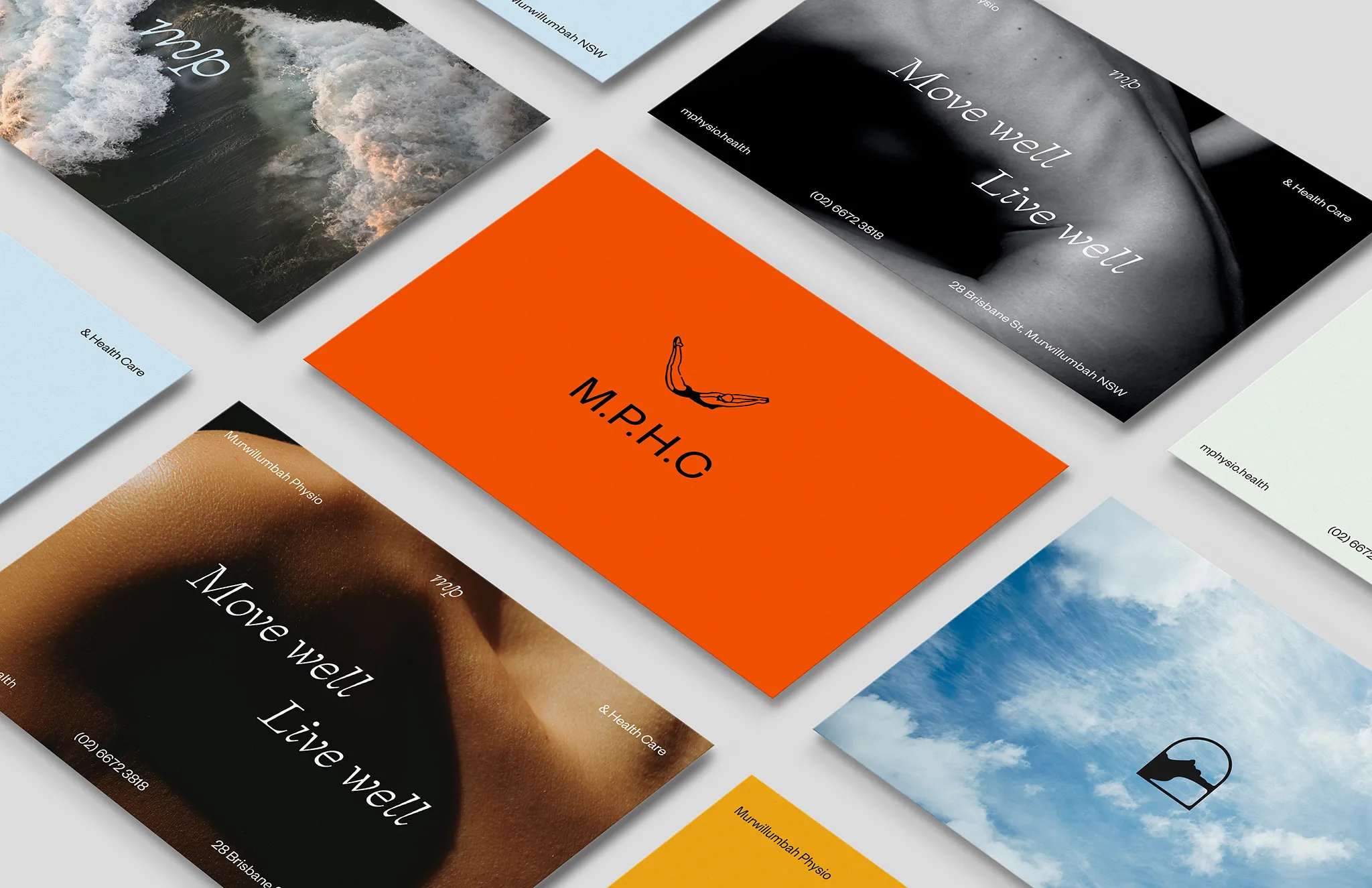 Flatlay of mphc branding, bright colours