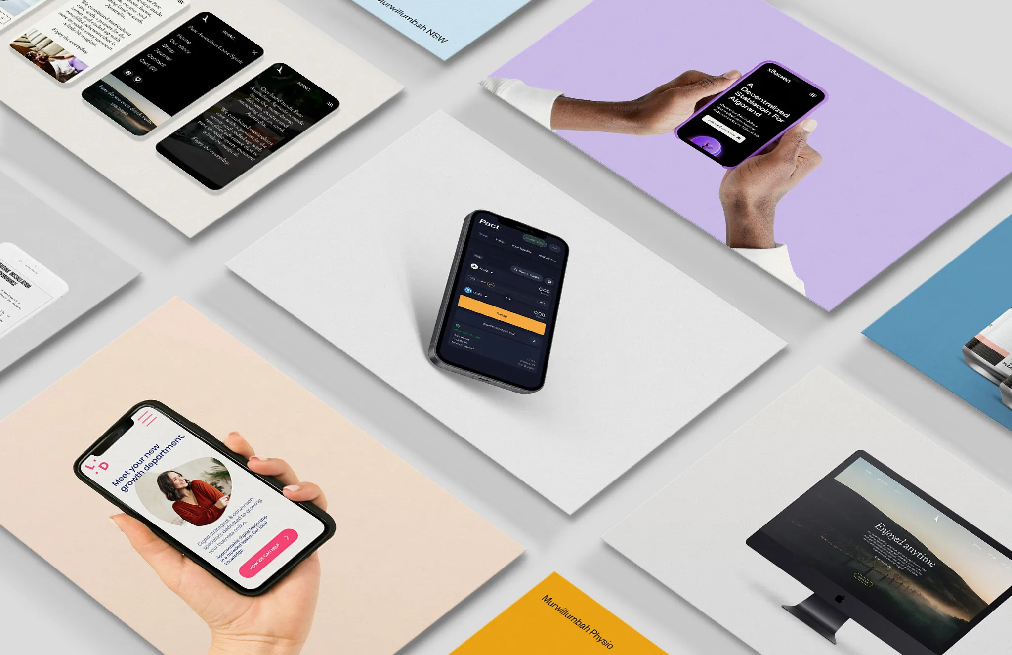 Flatlay of multiple images of iphones showing ui screens