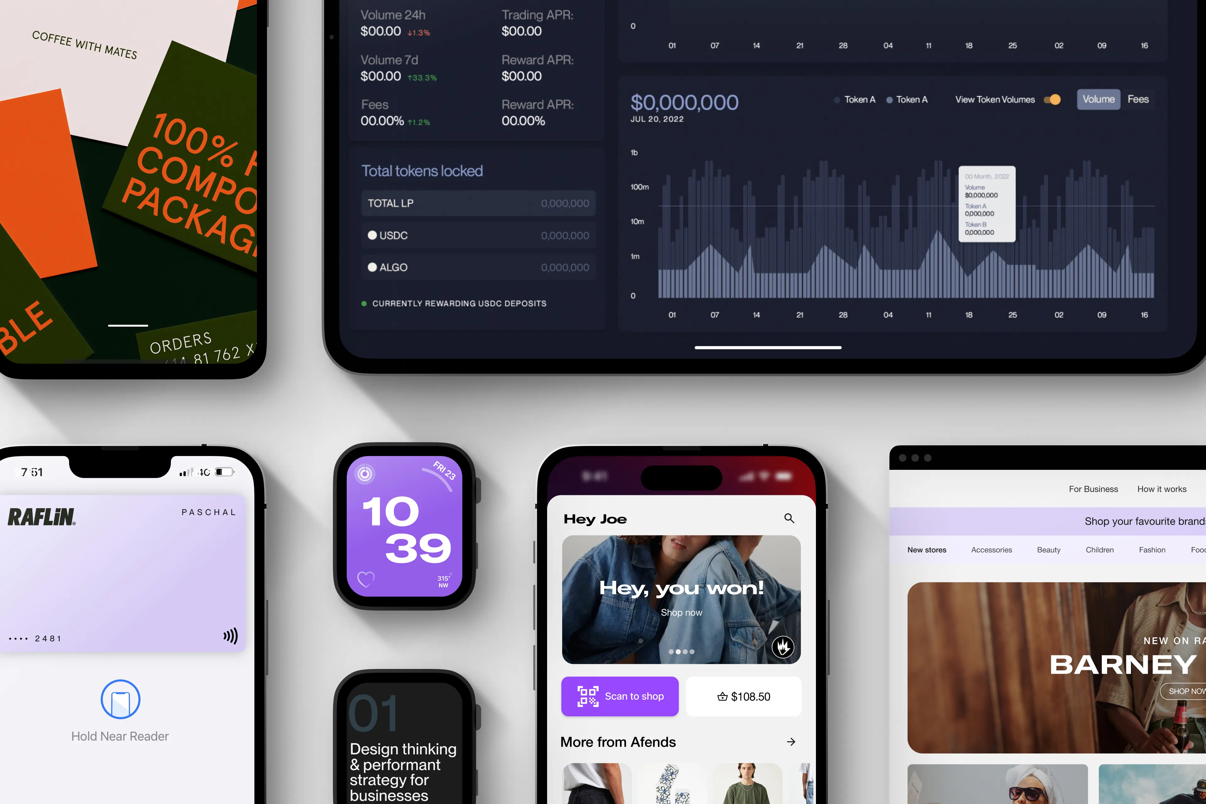 Flatlay of a range of different screen types with brands and app interfaces 

