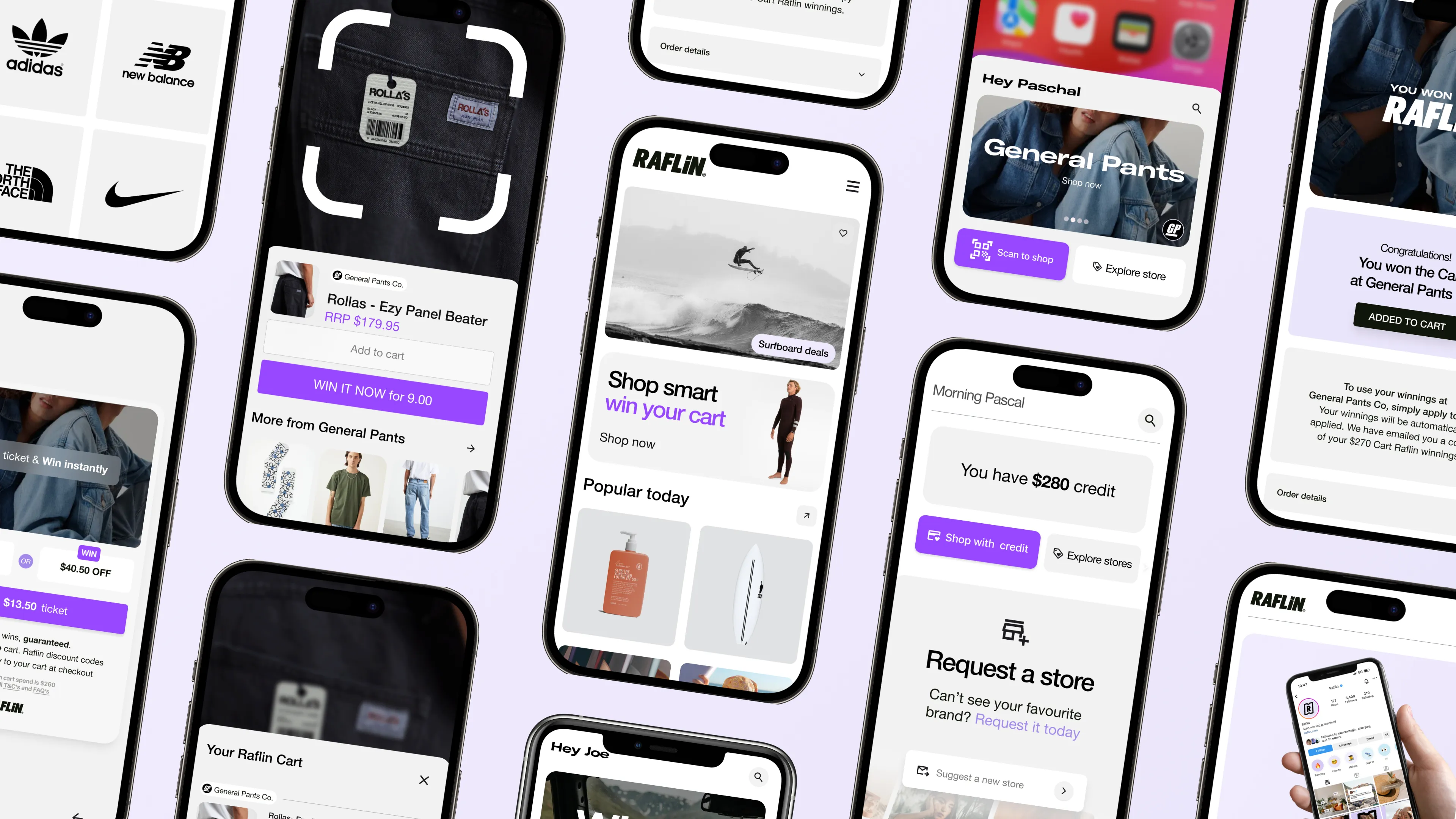 Flatlay of phones showcasing interface of app called Raflin