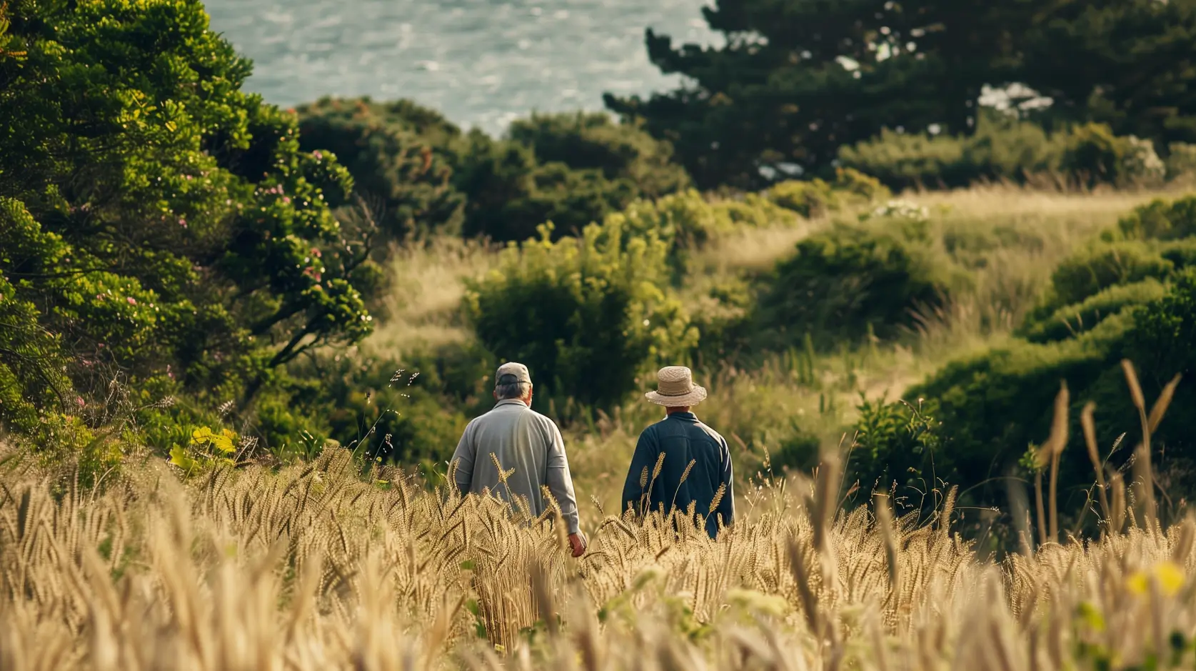 Deux producteurs marchant dans un champ de plantes botaniques en France pour le gin Anaë