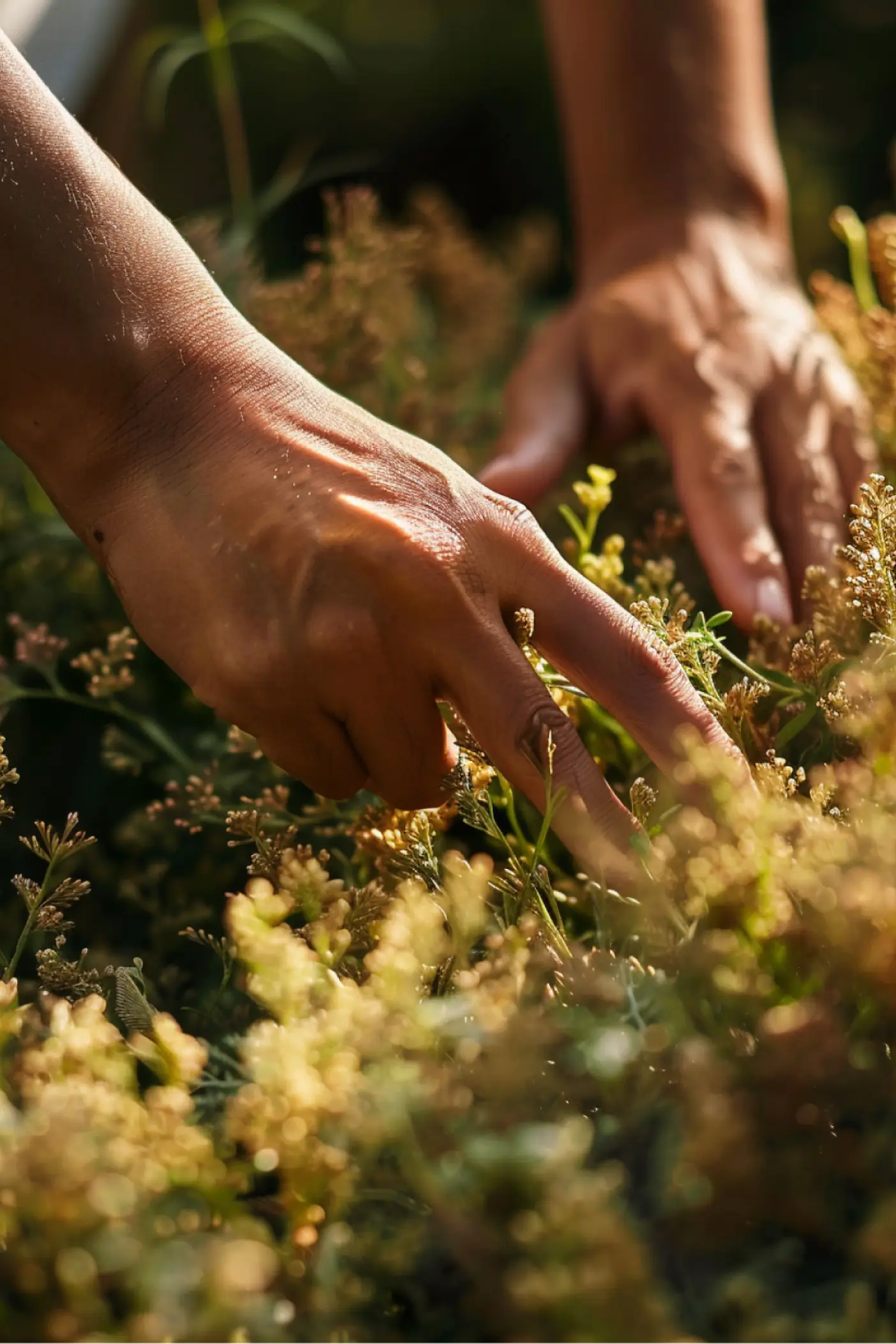 Mains récoltant des plantes botaniques utilisées dans la recette du gin Anaë