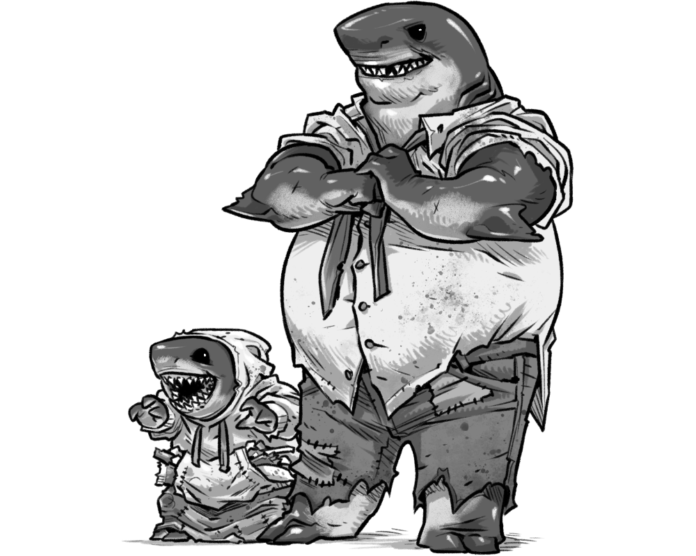 Art of Peter, a roughly dressed humanoid Porbeagle shark, and Bagel, a child Porbeagle shark pup in a hoodie.
