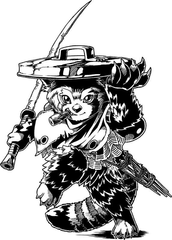 Pachen, a mutant humanoid red panda swordswoman with an outfit made of camper trash and a trash can lid for a hat.