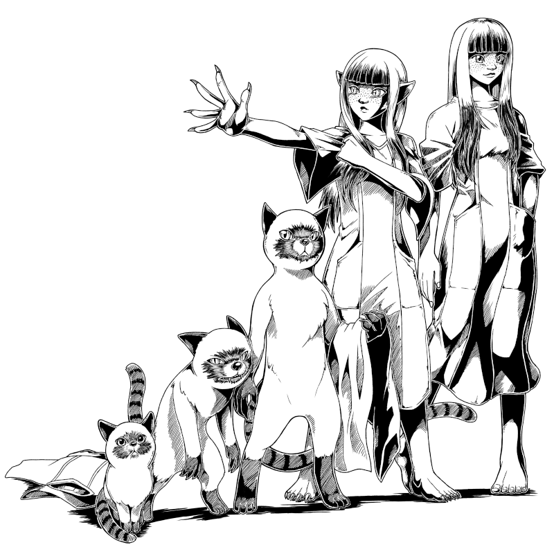 A series of five illustrations showing a cat mutating into a woman; one of a small cat, another of a larger, feral humanoid cat hunched over, a cat on its hind legs and holding a lab coat, a mostly human catwoman putting the coat on, and a fully human woman in the coat.