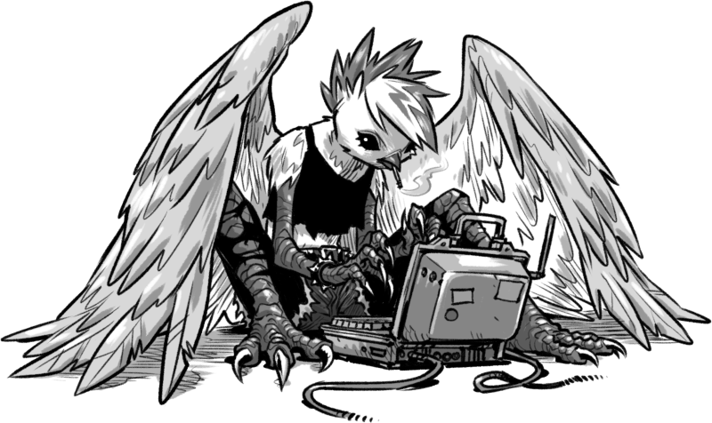 Saint Blue, a humanoid bluebird hacker with a light punk outfit hunched over a home-build laptop.