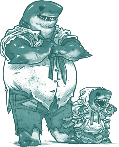 Two mutant porbeagle sharks; Peter, an adult paunchy male in torn workshirt and jeans, and Bagel, a small girl in a hoodie with overstuffed pockets.