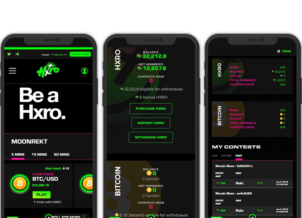 Three mobile devices with the Hxro website app on them.