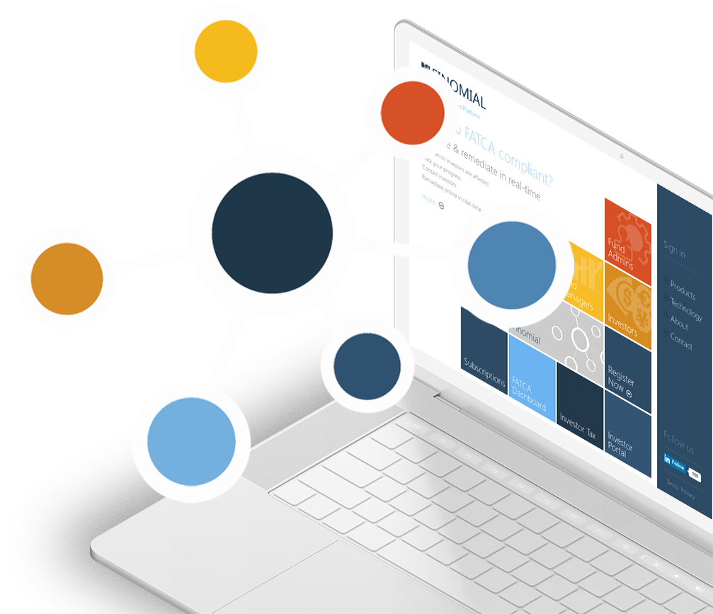 A laptop with a Finomial page on it and a molecular circle icon to the left of the laptop.