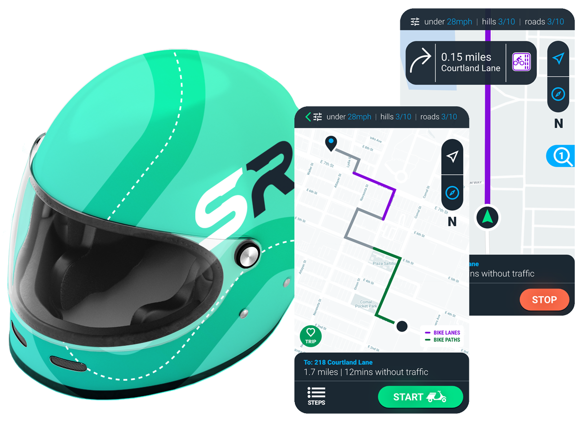 Motorcycle helmet with the ScootRoute logo, ScootRoute navigational application on two mobile device screens