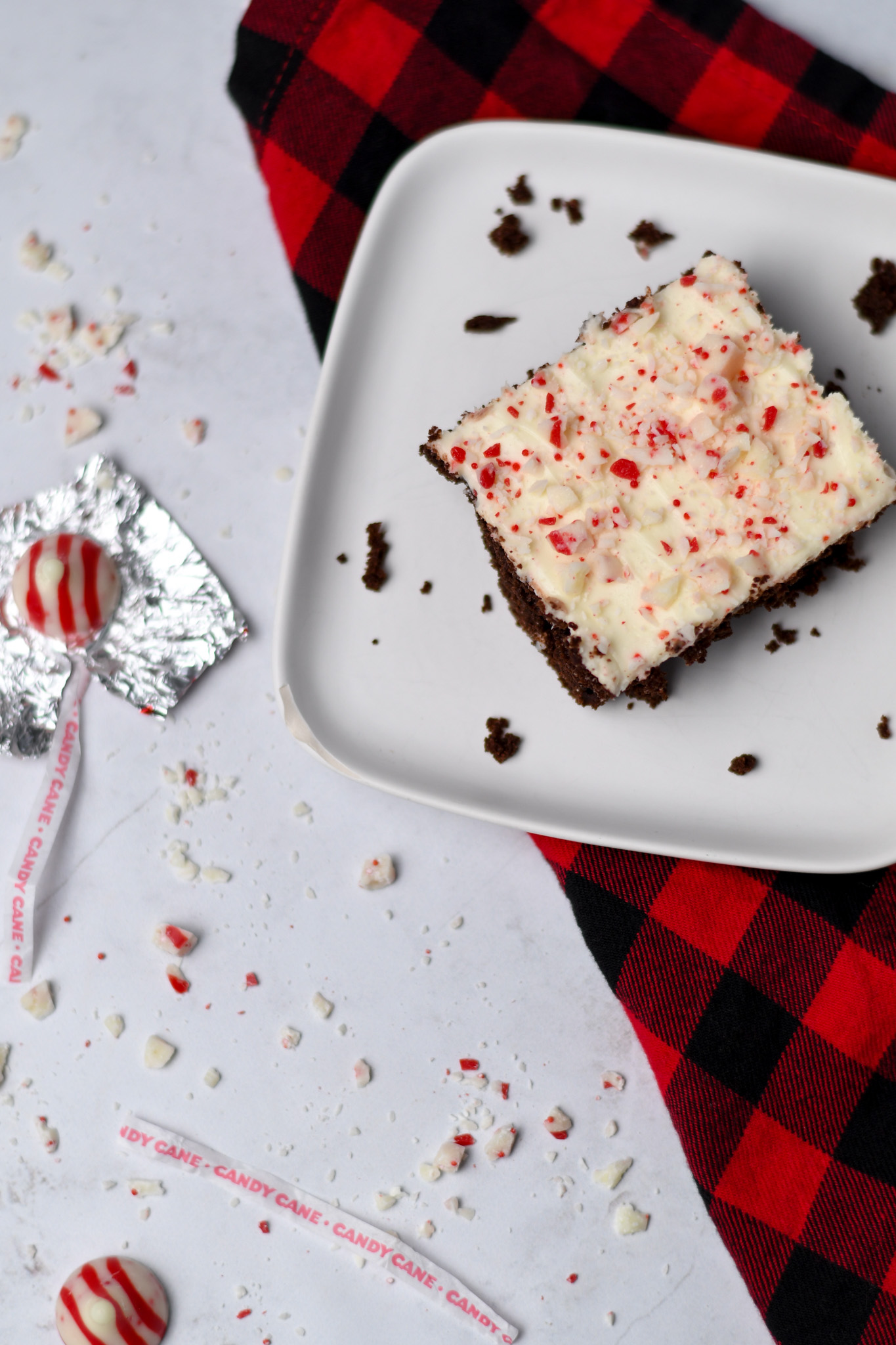 A slice of gluten free chocolate peppermint sheet cake