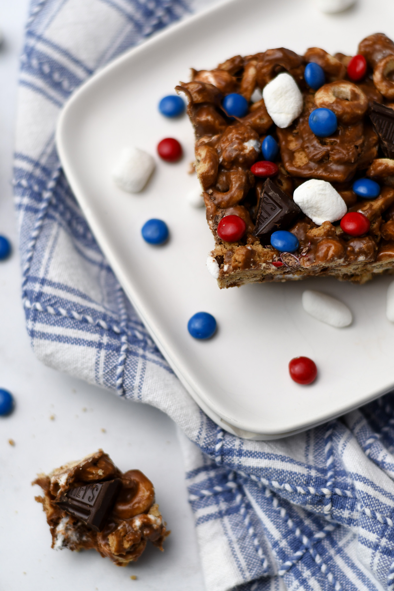 Gluten Free S'mores Cereal Treat with Red and Blue M&Ms