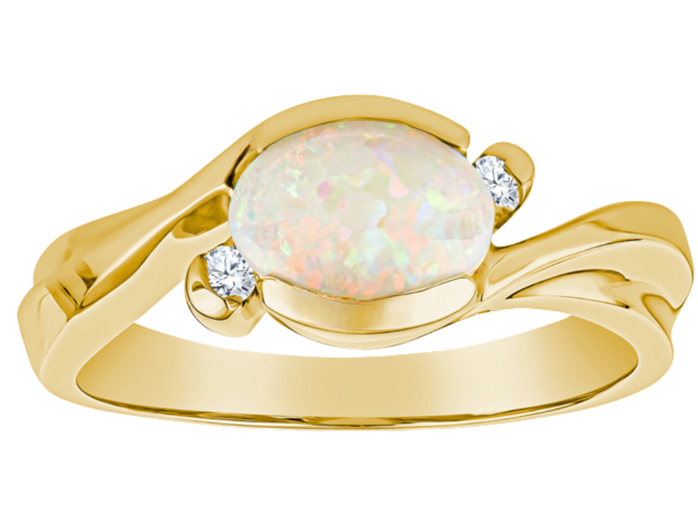 East West Oval Opal Ring Bypass Semi Bezel 14KT Yellow Gold