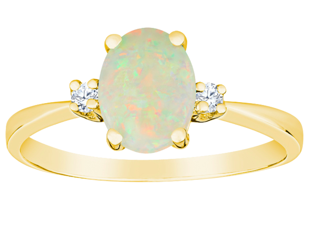 Pinched Shoulder Band Opal Oval Ring with Diamond Side Stones Classic 14KT Gemstone Ring