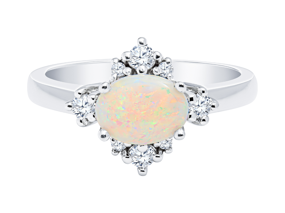 East West Opal 14KT White gold ring with Diamond Star Accents