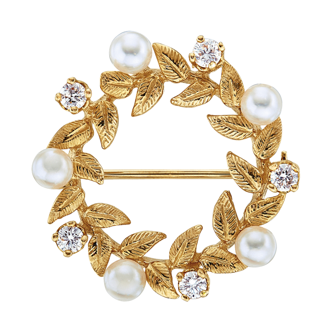 Engel Brothers Gold Sculpted Leaf Brooch with Cultured Pearls and Diamodns