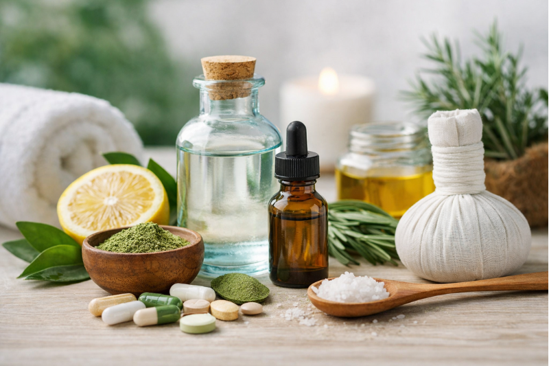 A spa setting with a rolled towel, lemon slice, green powder in a bowl, various pills, essential oil bottles, a wooden spoon with salt, a herbal compress, and a lit candle.