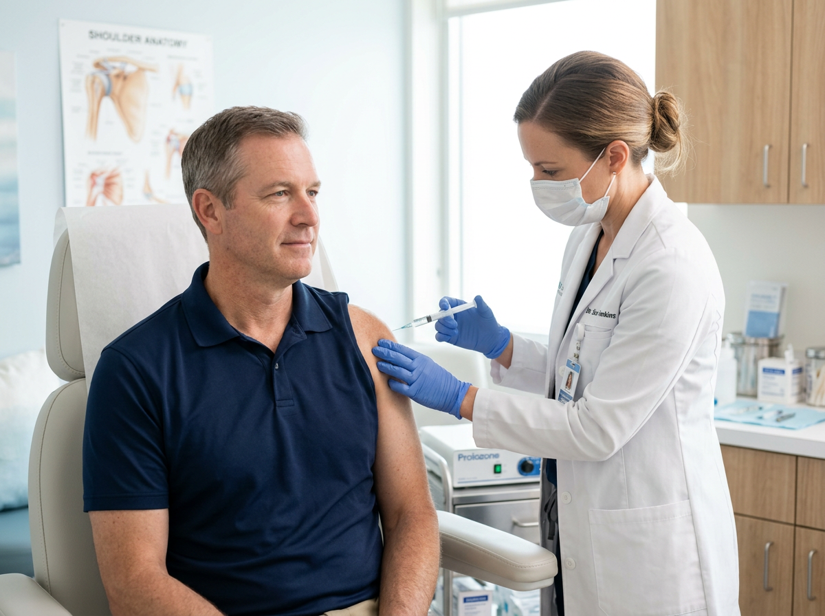 A physician administering a Prolozone injection into a patient's shoulder joint at a modern integrative medicine clinic
