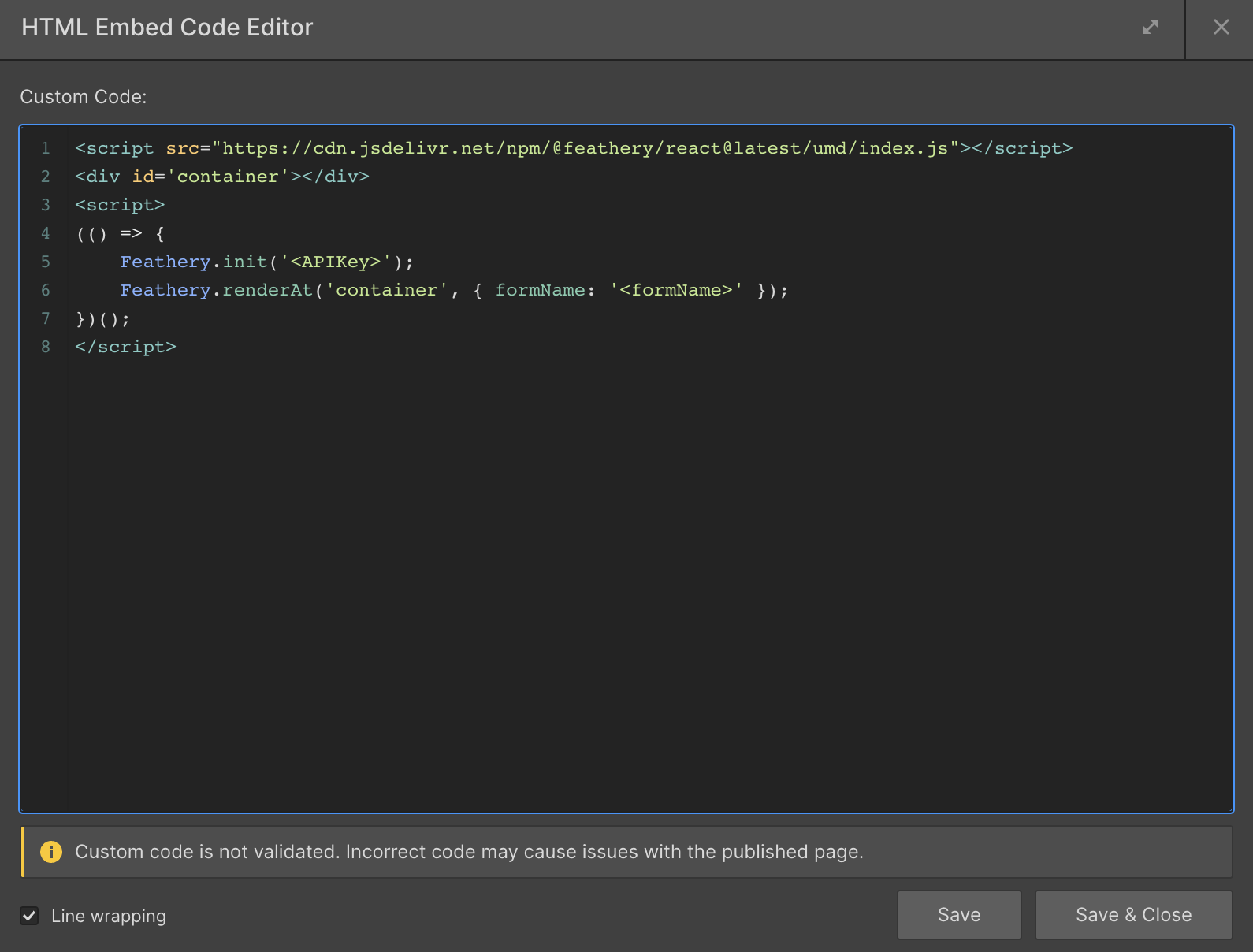 HTML embed code editor