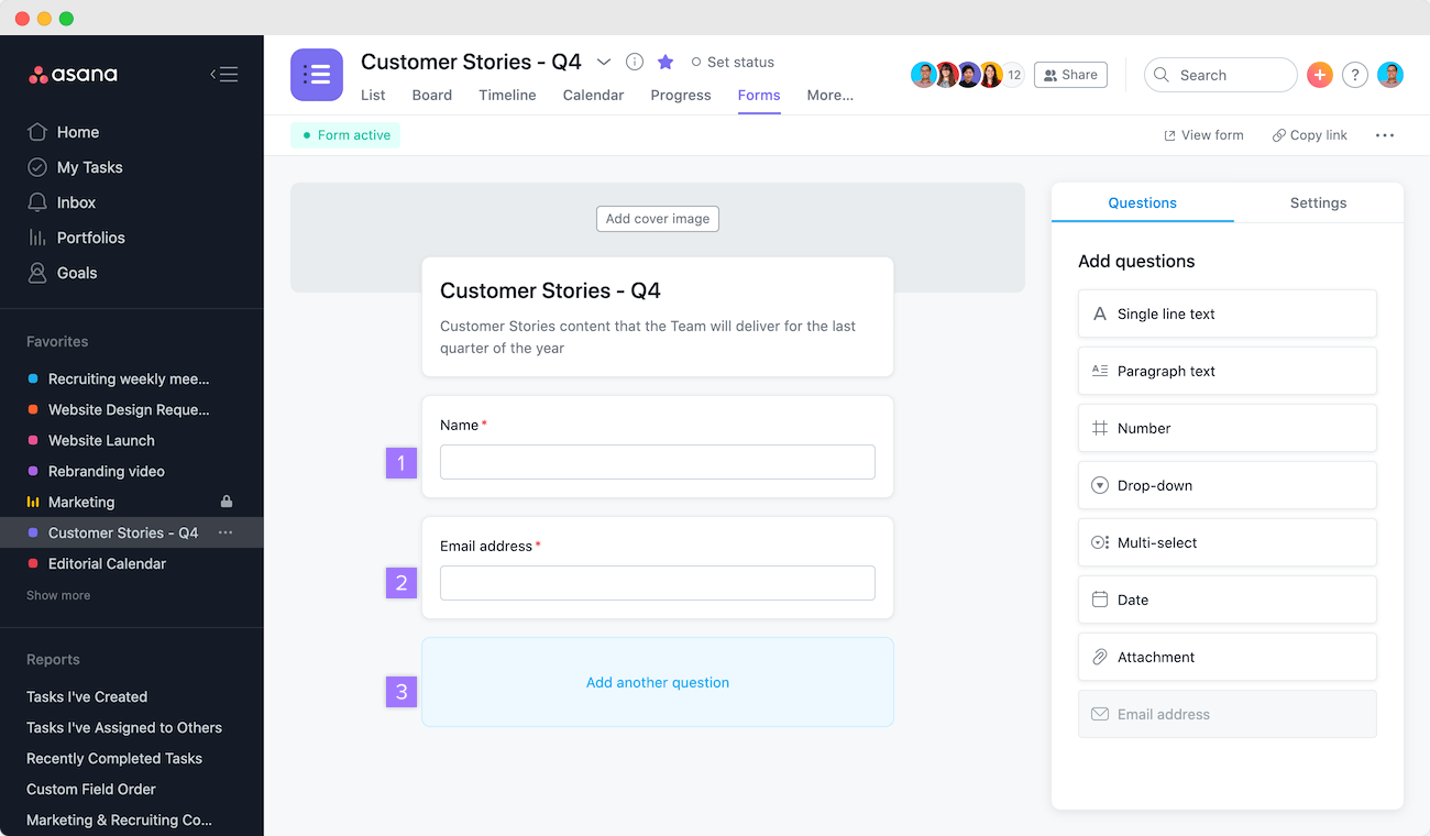 Asana customize form