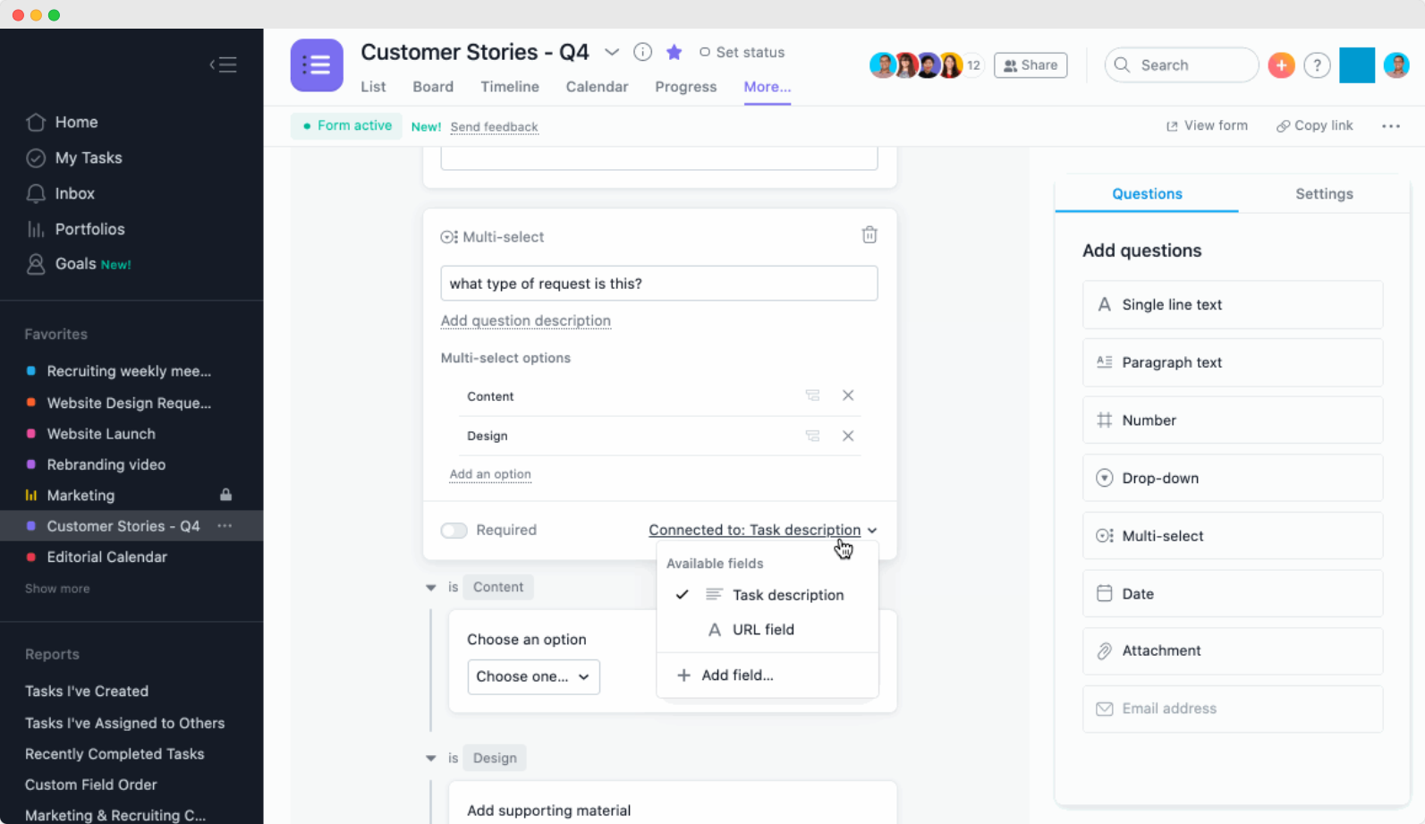 Asana connect form fields