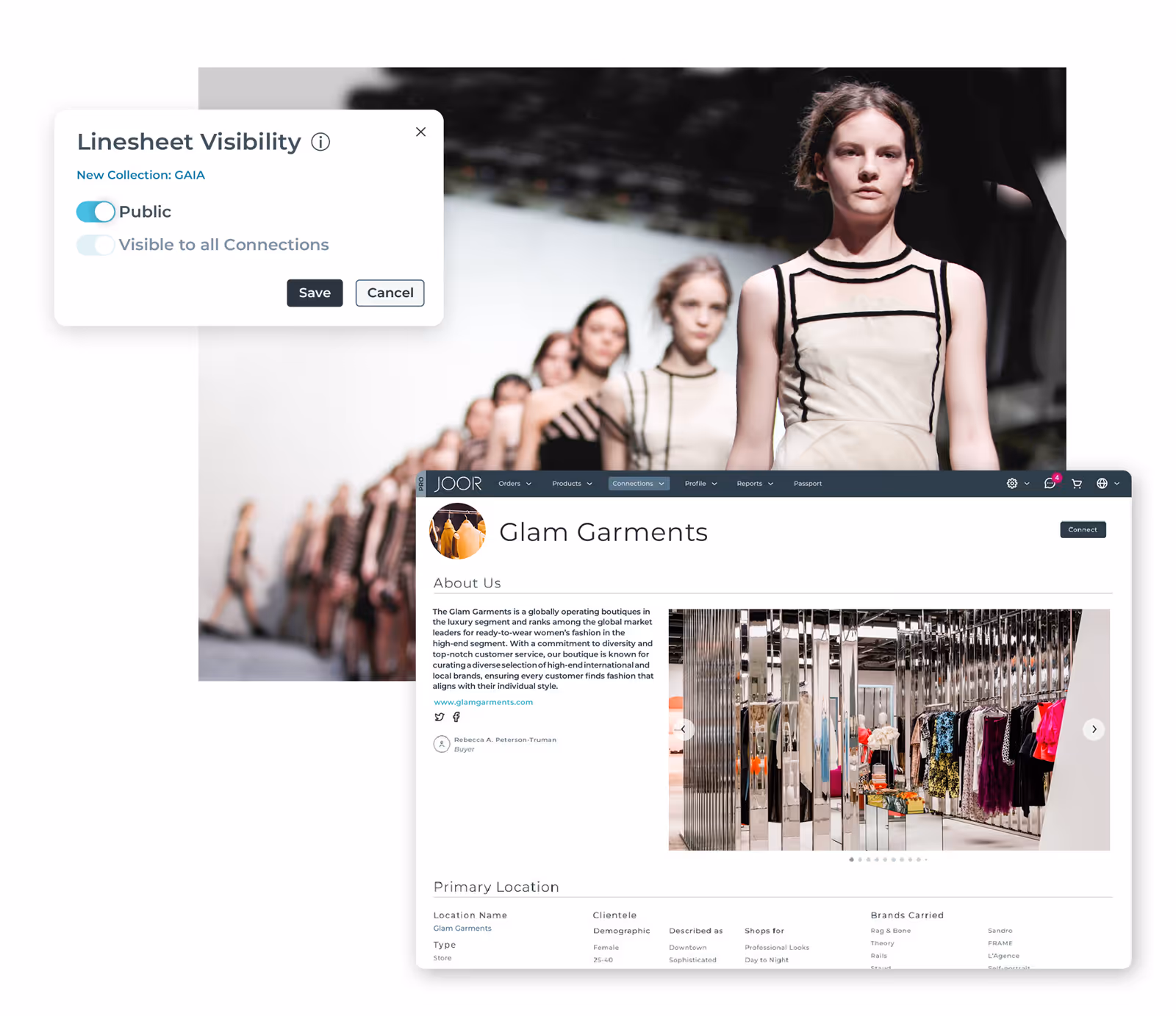 Die JOOR-Plattform zeigt die Einstellungen für die Sichtbarkeit des linesheet und ein detailliertes Einzelhändlerprofil für Glam Garments auf dem marketplace.