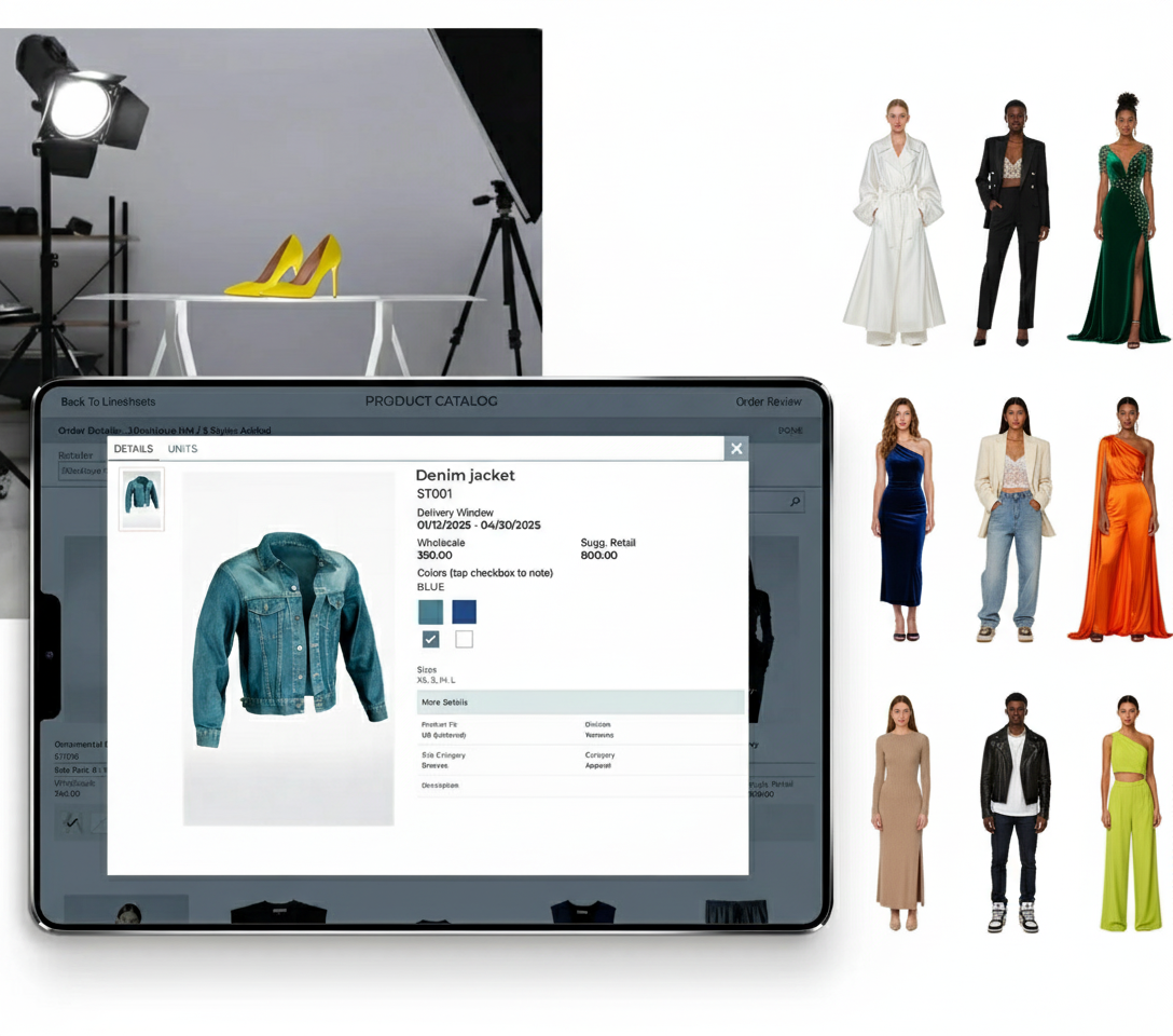 Dos maniquíes con trajes elegantes con superposiciones digitales de JOOR e interfaz de sincronización y listado de productos de Shopify.