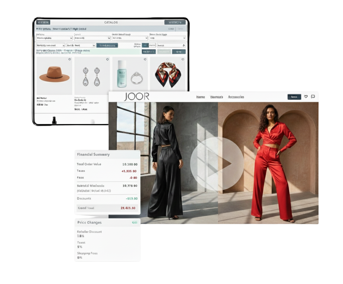 Laptop displaying the JOOR platform with fashion products and an on-screen JOOR Pay checkout showing multiple payment options.
