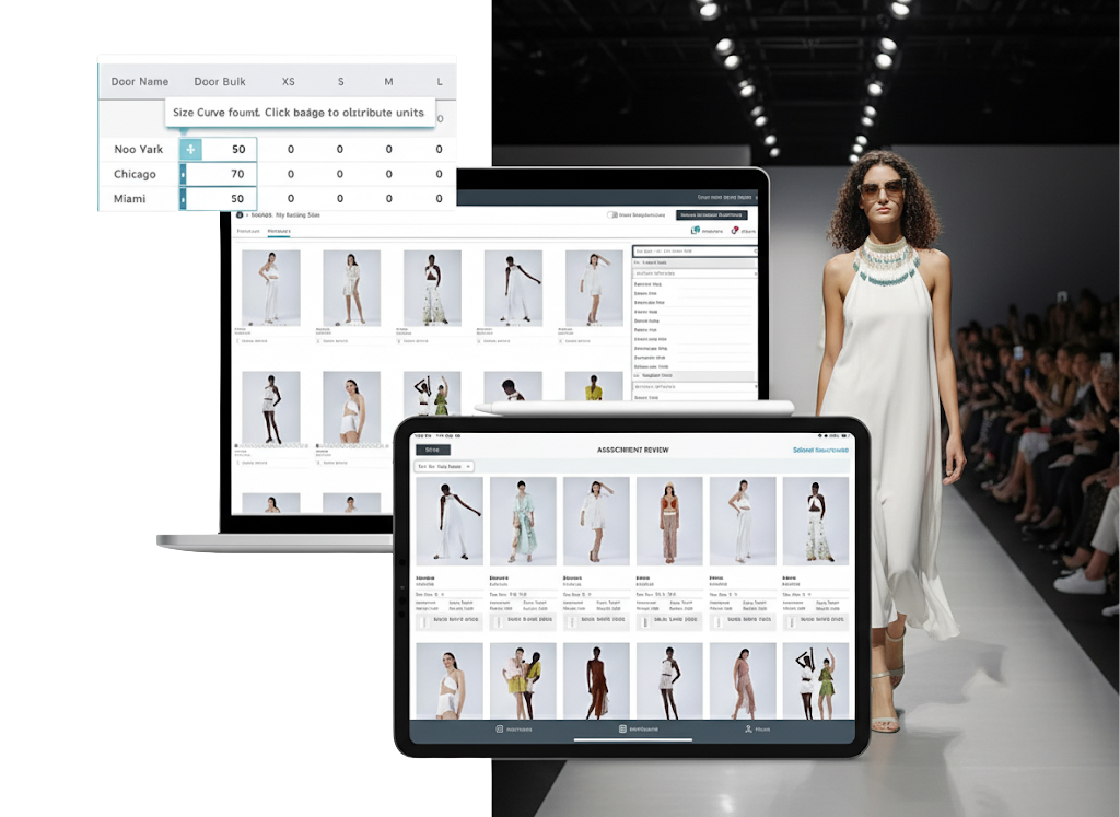 Dos mujeres con vestidos verde esmeralda posan cerca de paneles de datos de productos que muestran atributos de moda y filtros de estilo.