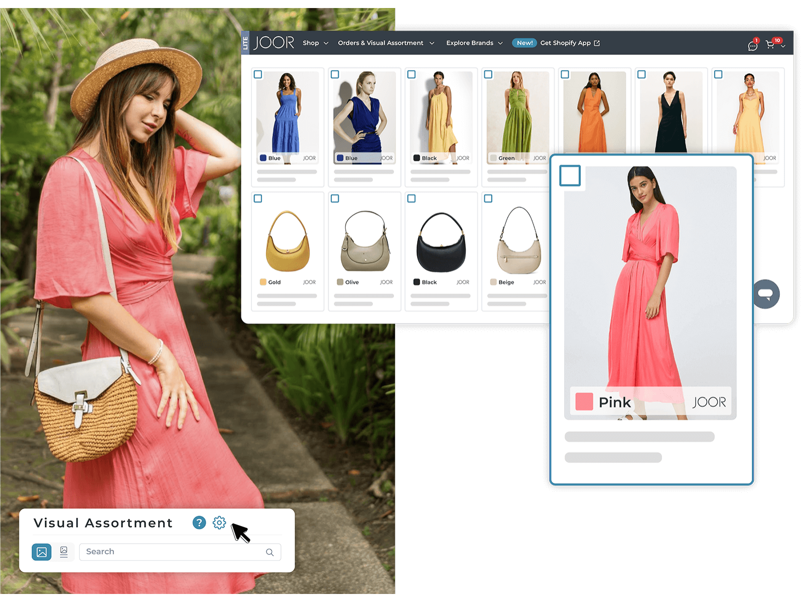 Overview of a visual assortment tool dashboard showcasing numerous product lines ordered by category, overlayed with a product card from the list