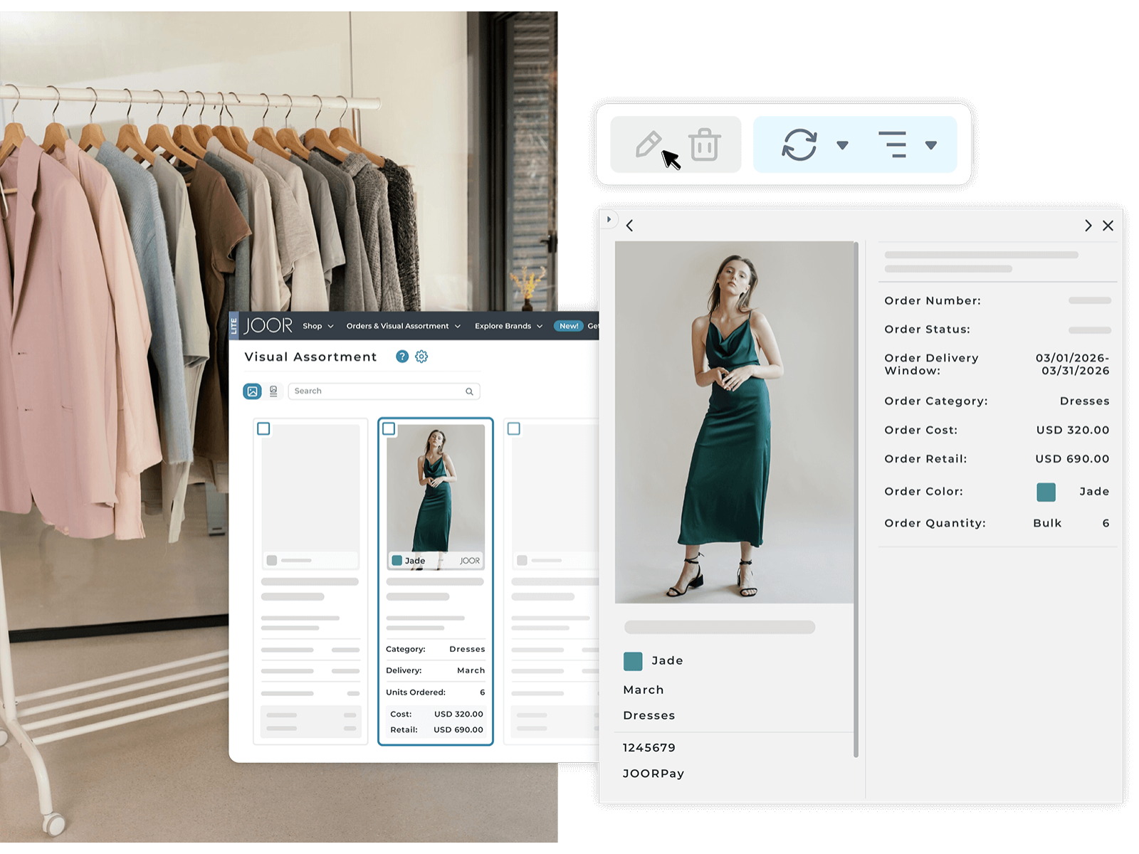 Assortment planning tool showcasing product lines, with one product clicked on to display further product and order details