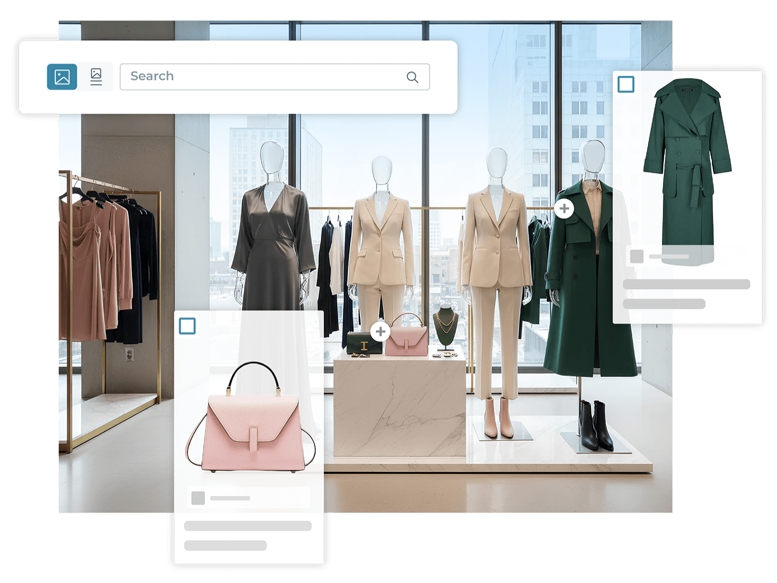 Boutique store environment featuring products and product overlays that are from the visual assortment product cards