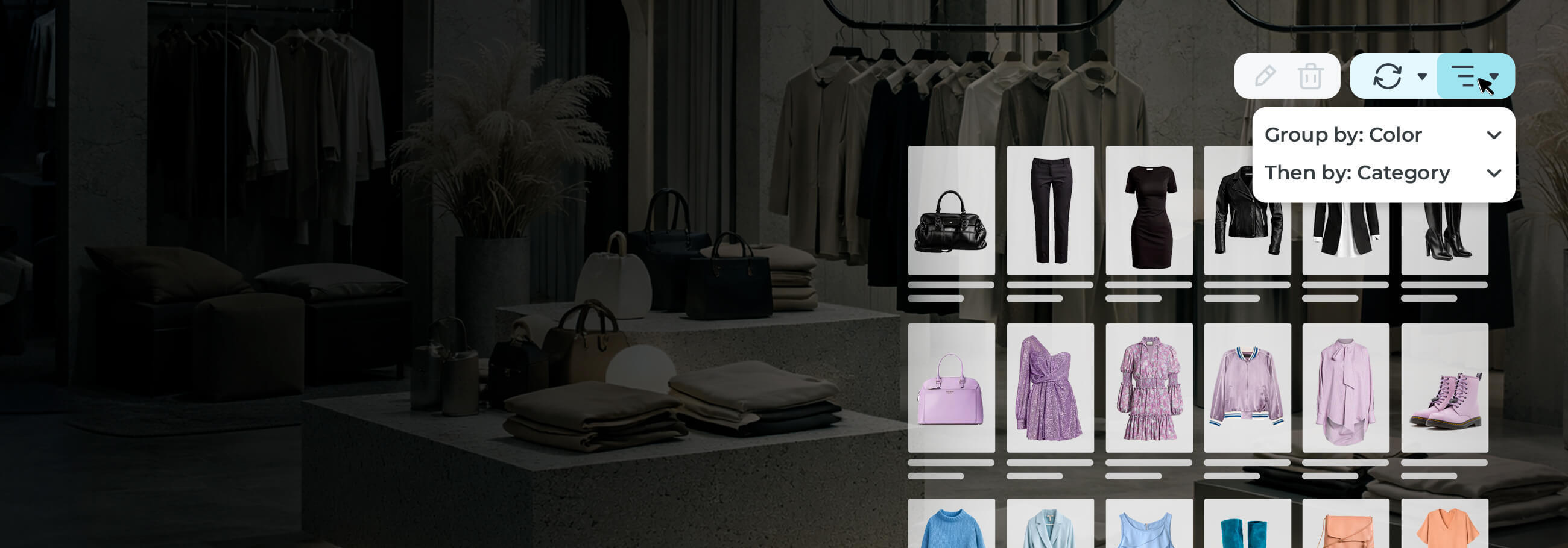 Luxury fashion store with overlays of organized products in visual assortment planning tool