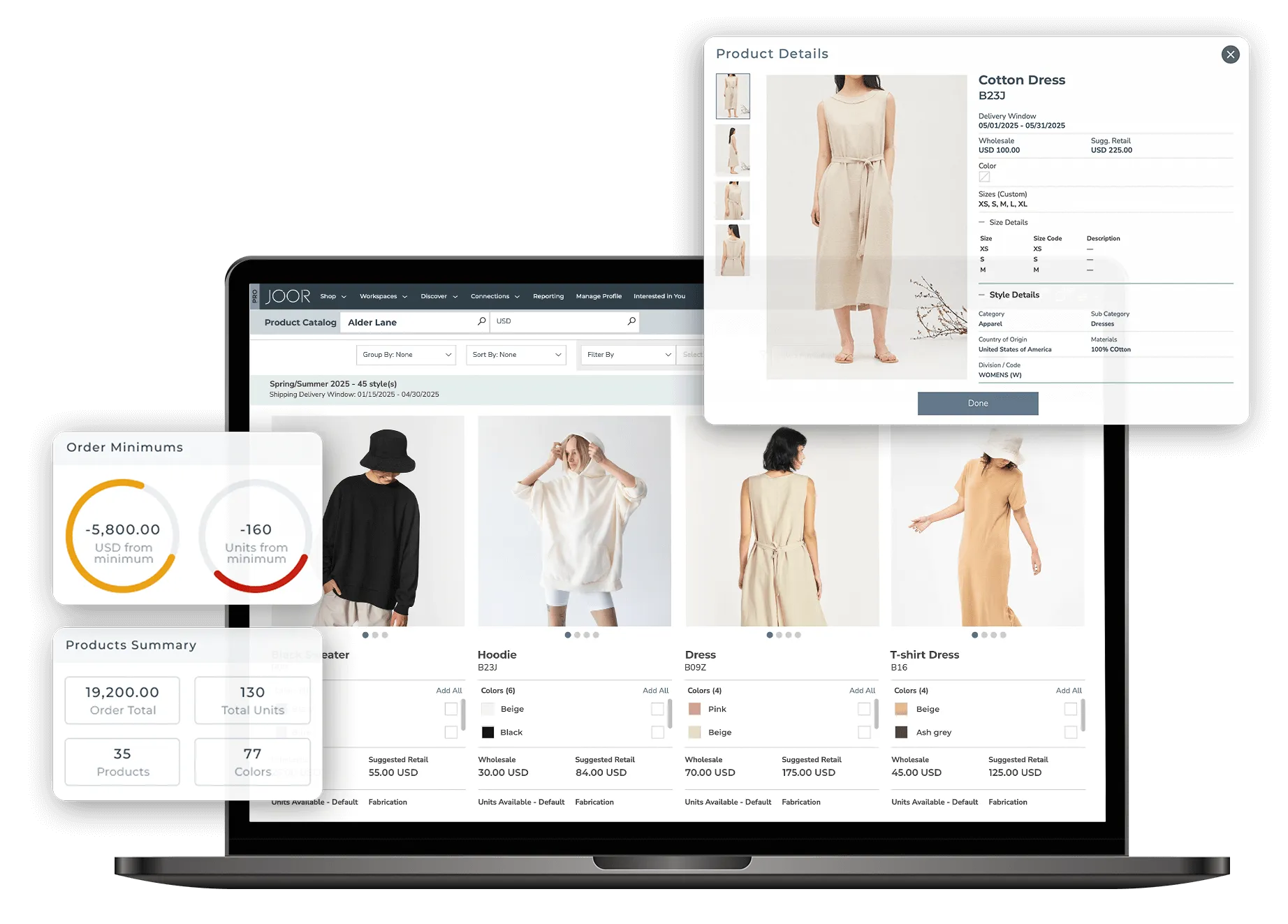 JOOR platform screen with order details, comments, and sharing options, overlaid on a woman standing in casual outfit.