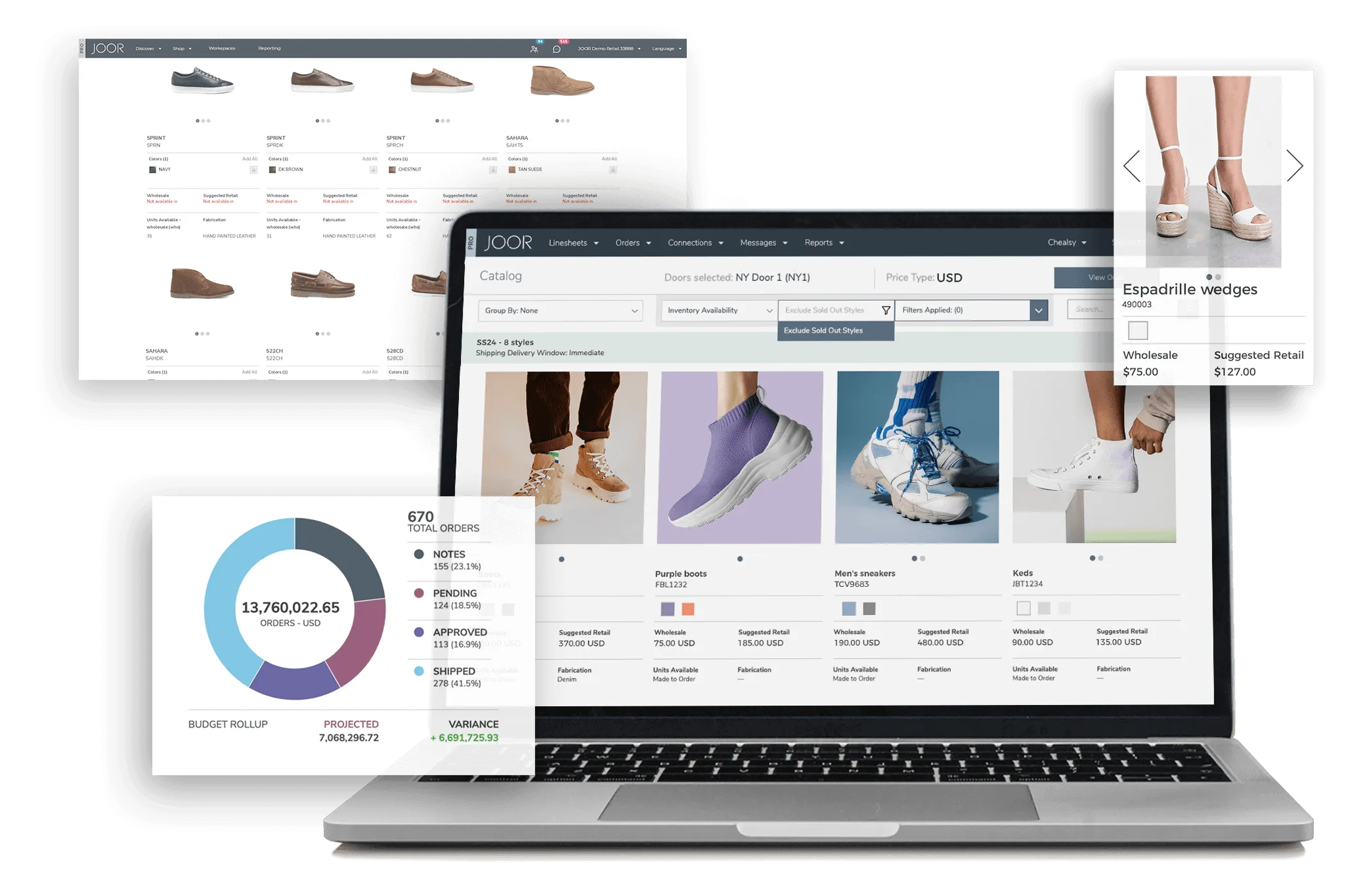 JOOR platform screen with order details, comments, and sharing options, overlaid on a woman standing in casual outfit.