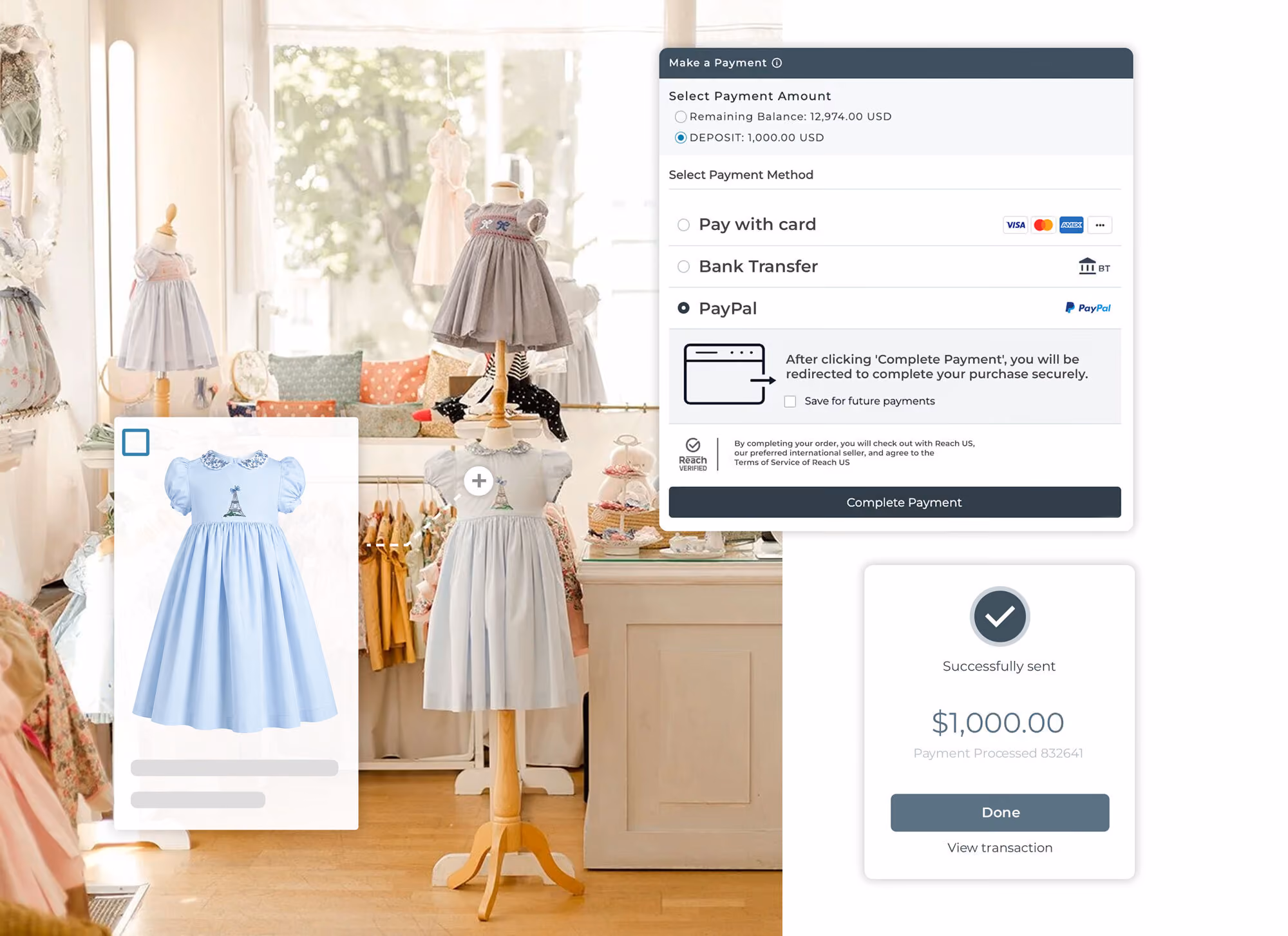 子供服店の画像に重ねられた女の子用の青いドレスと決済情報