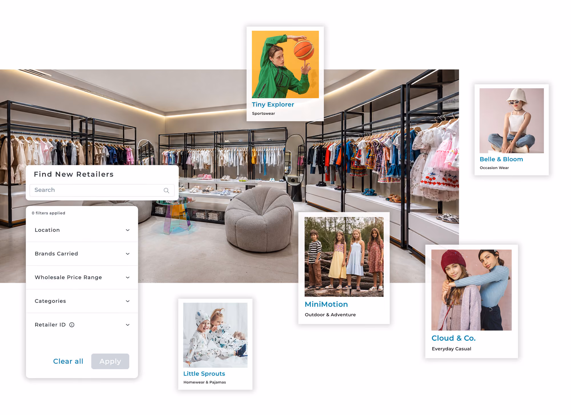 ライフスタイル画像の中に数々のキッズウェアアイテムがオーバーレイ表示された子供服セレクトショップ