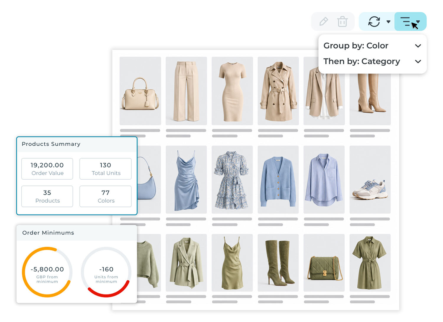 JOOR platform screen with order details, comments, and sharing options, overlaid on a woman standing in casual outfit.