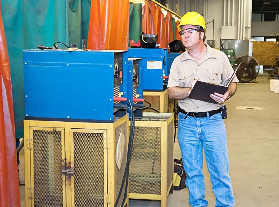 A welding inspector wearing a hard hat is holding a pen and paper and inspecting something in the distance