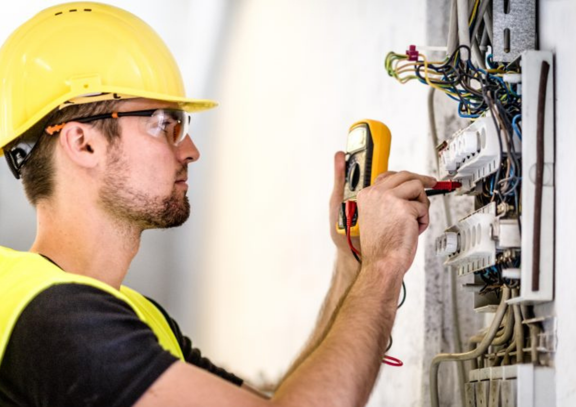 The electrician wearing a hard hat is working with wires and a multimeter