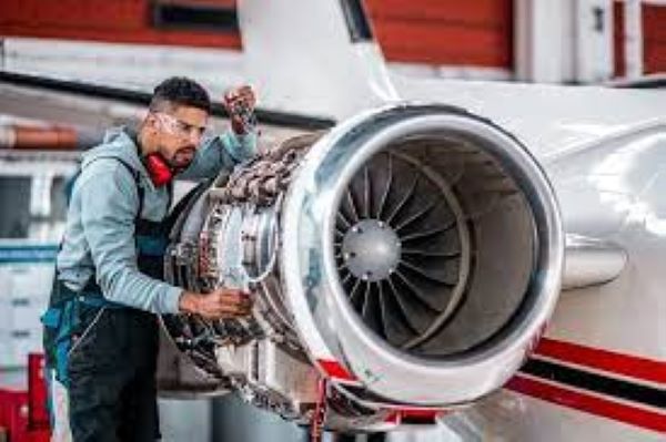 Aviation Technician checking on airplane's engine