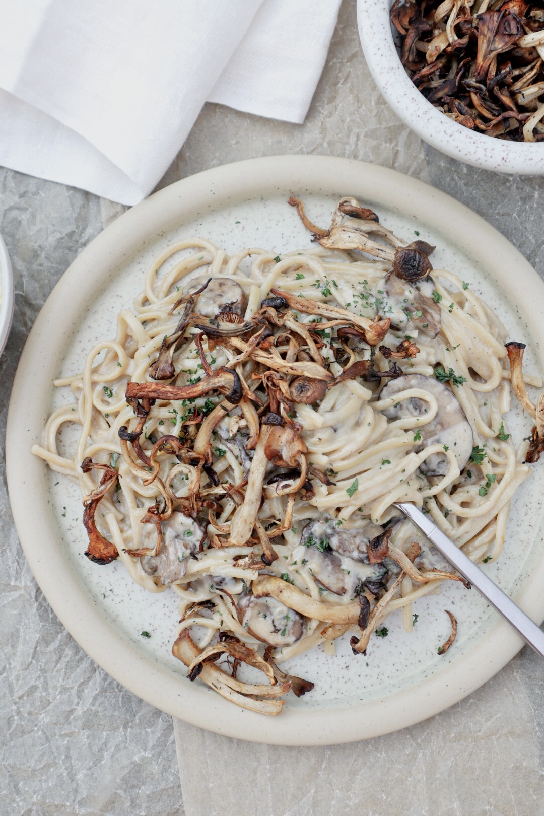Creamy Mushroom Linguini Topped with Crispy Mixed Mushrooms